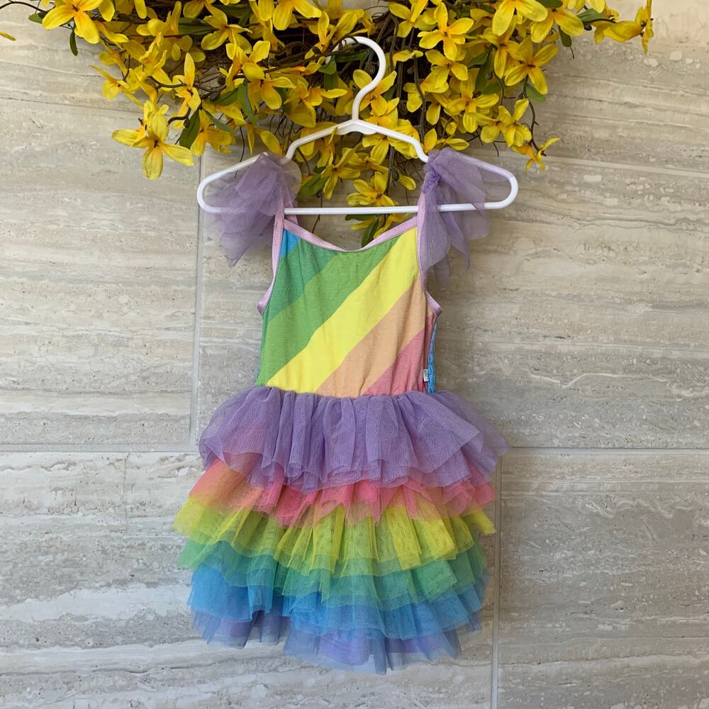 Posh Peanut Rainbow Stripe Bamboo Smocked Tulle Dress